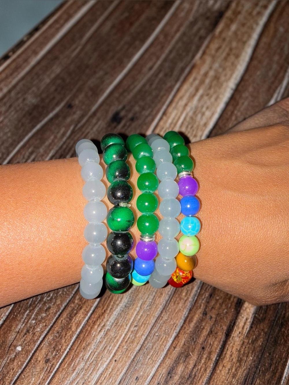 Colorful Beaded Stretch Bracelet Set - Green, Gray, Black, Multicolor